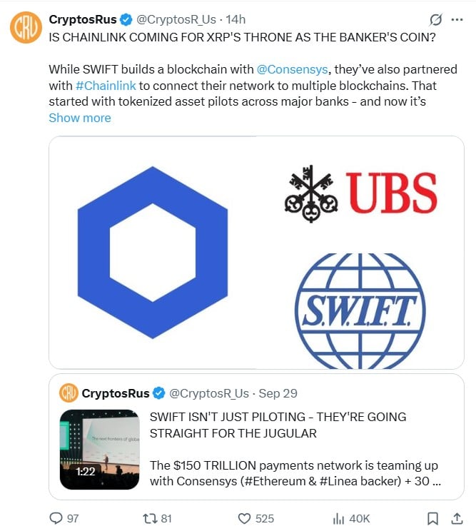 Chainlink是否将取代XRP成为银行家的首选货币?SWIFT和瑞银试点项目或已揭示答案