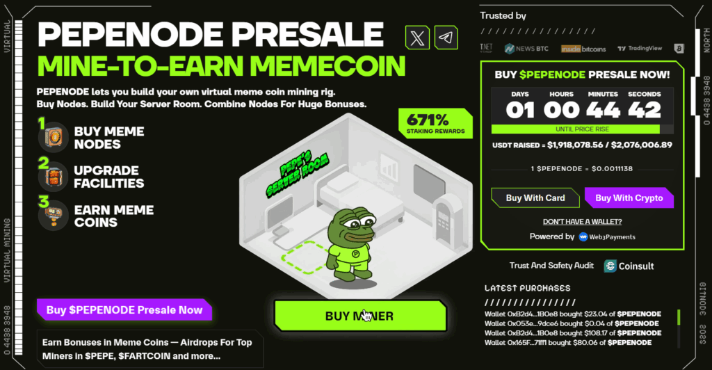 PEPENODE Launches Mine-to-Earn, Viral Pre-Sale Nears  Million: The Next Cryptocurrency Boom?